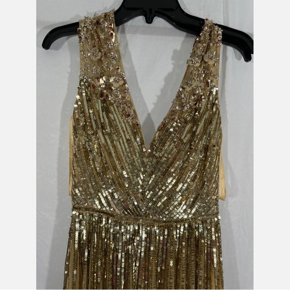 NEW $798 Mac Duggal [ 6‎ ] Sequin & Floral Embellished Evening Gown Gold - Picture 9 of 16